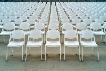 Fototapeta premium Rows of White Plastic Chairs in an Outdoor Venue