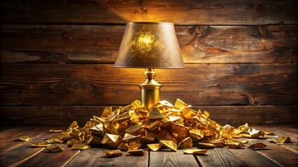 A golden lamp sits atop a pile of glistening, irregularly shaped gold pieces, radiating warmth against a backdrop of rich brown wood.