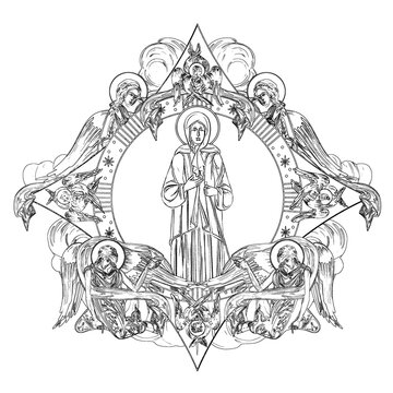 saint surrounded by angels, black and white clip art preview