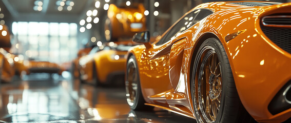 Car workshop filled with orange sports cars, focusing on metallic and golden parts on display.