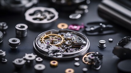 Intricate dismantled mechanical watch with detailed gears and springs on dark background, symbolizing precision and complexity in teardown analysis.