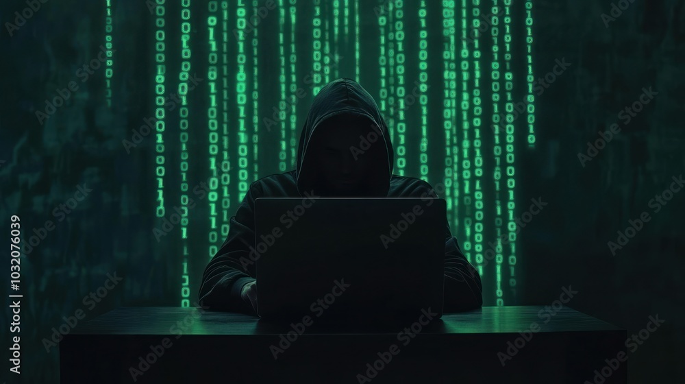 Poster hacker working on a laptop