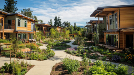 Fototapeta premium A thriving eco-village with sustainable homes, community gardens, and shared resources, showcasing a lifestyle focused on environmental stewardship and cooperation
