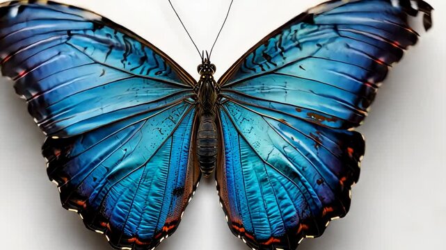 Blue morpho butterfly on white background.