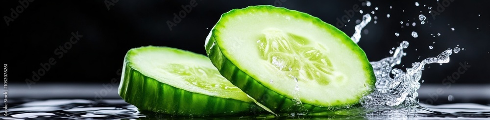Poster slices of fresh cucumber splash into water, creating a refreshing scene, ai