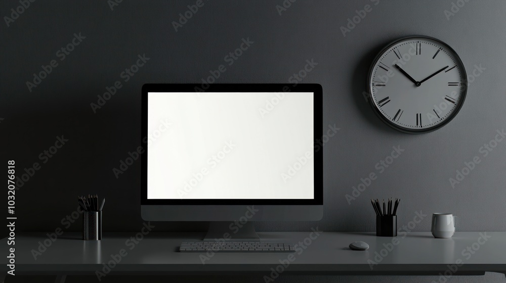 Poster minimalist office workspace with blank computer screen