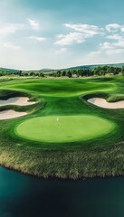 Scenic Aerial View of Lush Green Golf Course with Bunkers and Water Hazard on a Sunny Day