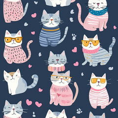 Seamless pattern with cute fashionable cats. Vector graphics.