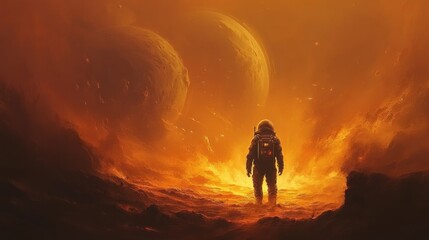 Obraz premium An abstract depiction of a lone space explorer drifting among glowing cosmic dust and distant celestial bodies, embodying the vastness of the universe