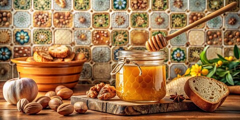 Fototapeta premium Golden Honey Drizzled Over a Wooden Dipping Stick, Surrounded by Rustic Elements on a Wooden Tabletop