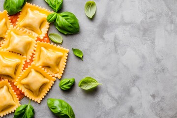 A Savory Ricotta-stuffed Ravioli in Tomato Sauce, Surrounded by Fresh Basil, Food Photography, Food Menu Style Photo Image