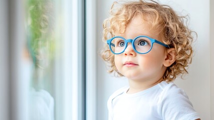 Young child wearing blue glasses focusing on distant tree outside window, symbolizing myopia prevention and importance of outdoor activities.