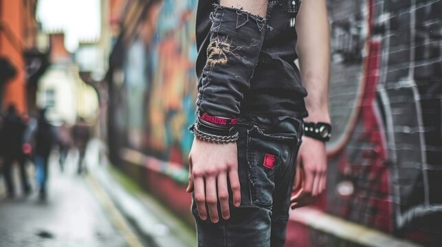 A Person Wearing Black Clothing and Multiple Bracelets Standing in an Urban Alleyway