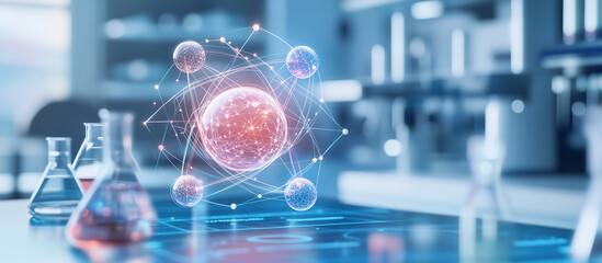 Chemistry research with digital scientific formulas overlaying an atom model in a laboratory setting A futuristic representation of scientific exploration, featuring a digital over