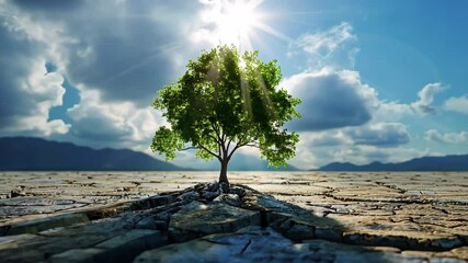 Solitary tree on cracked earth under bright sunlight, resilience and hope concept.