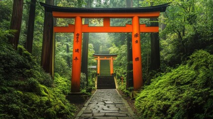 A traditional Japanese torii gate standing tall at the entrance of a tranquil shrine surrounded by dense forest.