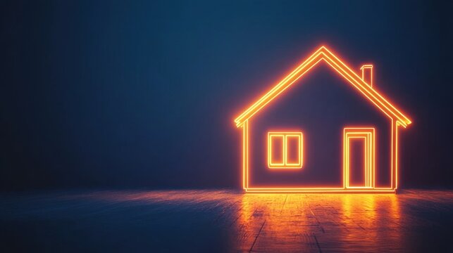 Bright neon orange outline of a house on a deep blue background, glowing with warmth and home vibes.