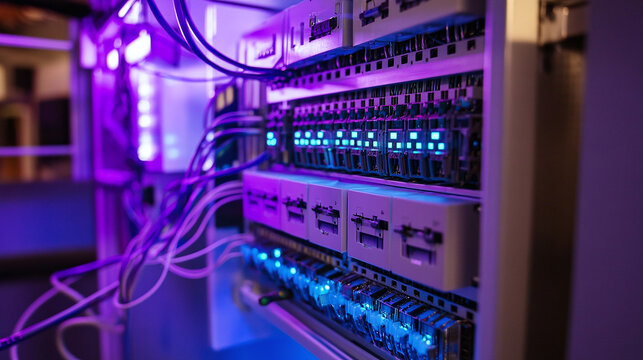 Brightly lit control panel with interconnected wires and high-tech panels for seamless electrical distribution and network connectivity.