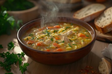 A Steaming Bowl of Chicken Noodle Soup, Surrounded by Rustic Bread and Herbs, Food Photography, Food Menu Style Photo Image