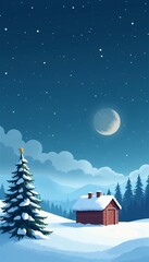Naklejka premium Snow-Covered Cabin and Christmas Tree Under Starry Night Sky with Crescent Moon
