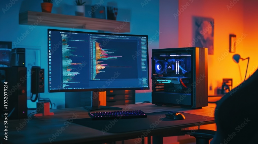Poster computer setup with code on screen
