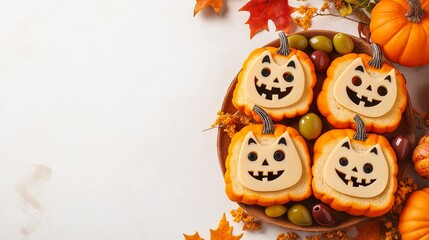 A quirky Halloween food platter featuring pumpkin-shaped sandwiches with silly faces made from olives and cheese. 