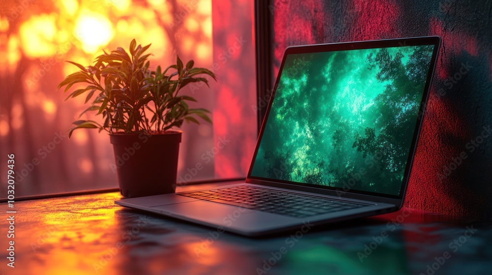 Poster a laptop computer with a green and blue abstract background on the screen sits on a table in front o