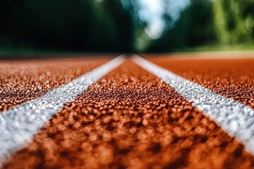 Close-up of a red running track with white lines