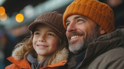 A father and daughter wearing winter clothing, smiling and looking up at something out of frame.