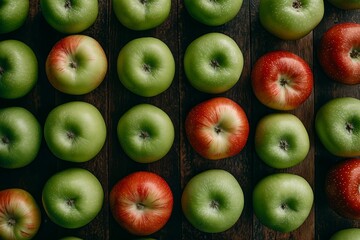 A Top-down View of Vibrant Green and Red Apples Neatly Arranged on a Rustic Wooden Table, Fruit Food Photography, Fruit Food Menu Style Photo Image