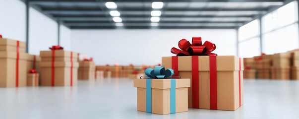 Warehouse filled with stacked gift boxes, representing the busy season of gift distribution