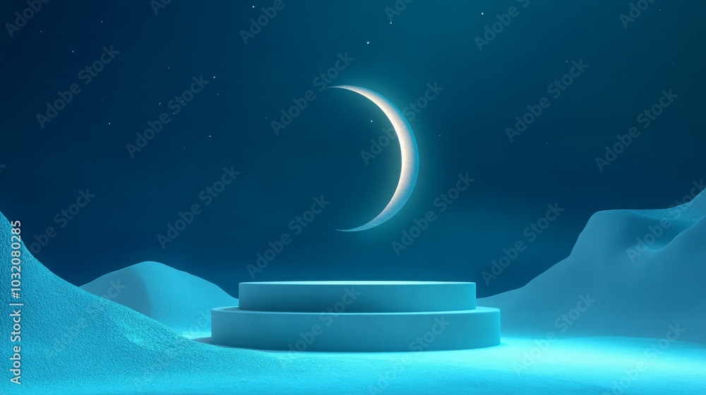 Poster A crescent moon is visible in the night sky above a circular platform. The platform has three levels and is made of a light blue, smooth material.