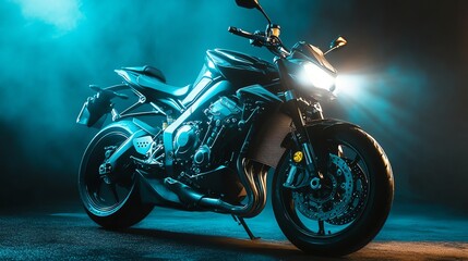 A black sportbike in a studio with a spotlight shining on it.