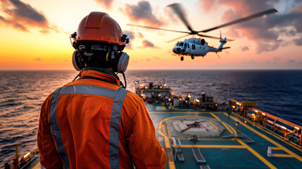 Offshore technician watches helicopter landing on oil rig during sunset, showcasing dynamic environment of offshore operations. scene captures blend of technology and nature