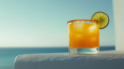 Low-angle shot of a short glass with orange juice and ice, tajin-rimmed with a lime wheel, on a white ledge.