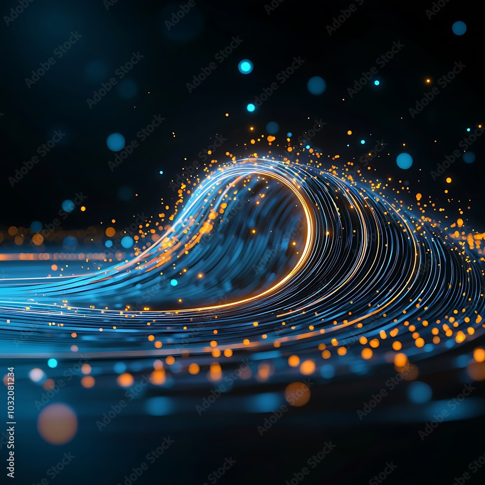 Poster a captivating abstract image featuring vibrant waves of glowing light. the interplay of blue and ora