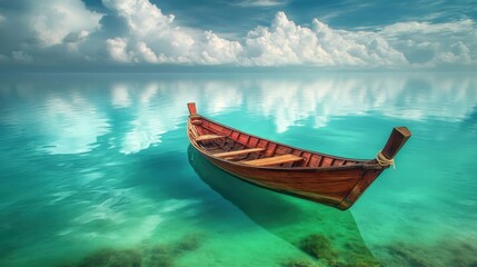 Naklejka premium A traditional Thai boat floating on the turquoise waters of a pristine lagoon, with detailed reflections.