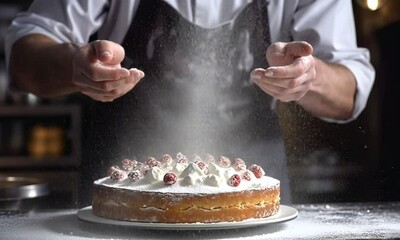 The chef is preparing a pie with berries, hands close-up. A culinary master makes a fruit cake. A man in the kitchen sprinkles powder on a dessert.