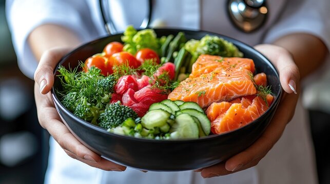 A doctor holds a bowl of salmon and vegetables. Perfect for illustrating healthy eating and nutrition.
