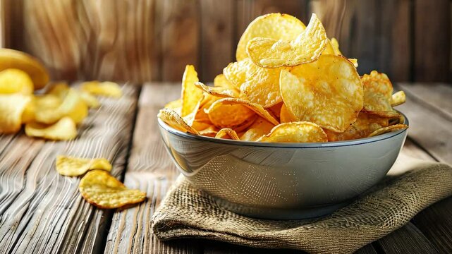 Bowl of crispy potato chips on wooden table, rustic snack concept.