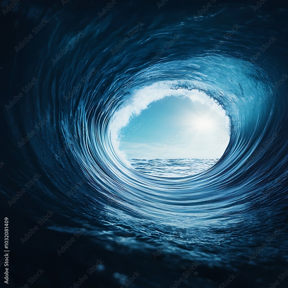 Poster a mesmerizing view of a wave creating a captivating tunnel effect, revealing a tranquil ocean and se