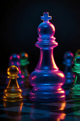 Illuminated neon chess pieces showcased on a chessboard with a dark background, highlighting a king, queen, pawn, and rook, ideal for striking wallpaper art