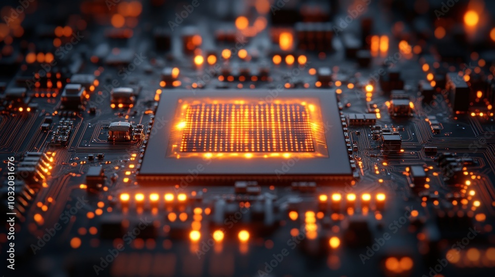 Poster close-up of a glowing cpu on a circuit board.