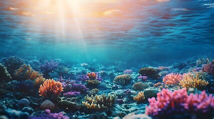 Naklejka premium Vibrant Underwater Coral Reef Teeming with Diverse Marine Life and Sunlight Filtering Through the Water