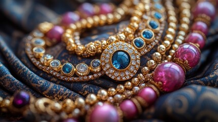 Fototapeta premium Close-up of colorful beaded necklaces with gemstones and gold accents on a patterned fabric.