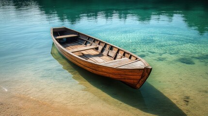Naklejka premium A traditional Thai wooden boat resting on the shore of a crystal-clear lagoon, with detailed reflections. : 09c4f0b5-4cef-4dd3-83a3-ff0dcfd41b30