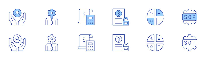 Business icon set in two styles, Duotone and Thin Line style. Editable stroke. business intelligence, swot analysis, taxes, sop, care, unsecured loan