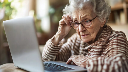 Obraz premium Confused elderly woman using a laptop at home, struggling with technology, online banking, and forgotten passwords.