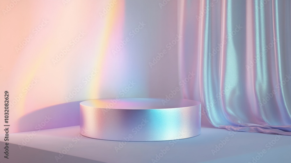 Aufkleber A round, reflective platform sits under soft lighting, casting subtle colors against a pastel backdrop. Draped fabric adds texture and interest, enhancing the tranquil atmosphere of the setting.