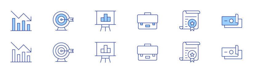 Business icon set in two styles, Duotone and Thin Line style. Editable stroke. contract, target, money, statistics, briefcase, trend